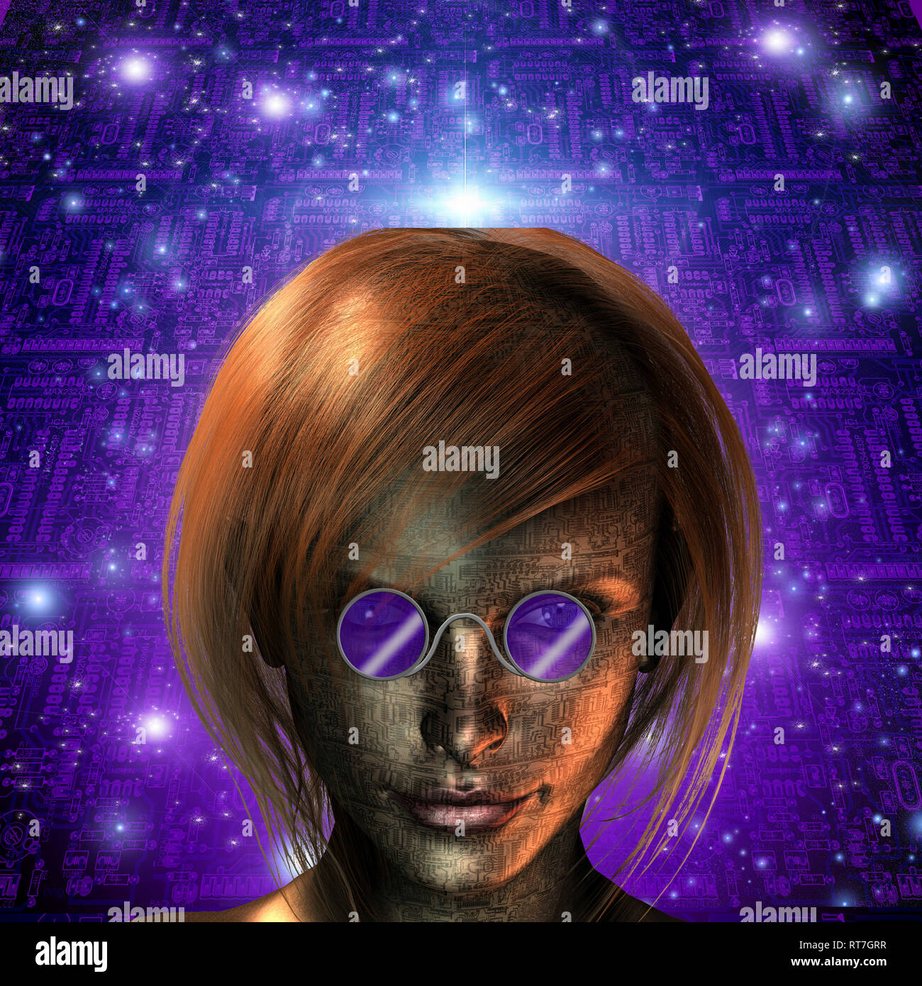 Mädchen Gesicht auf Platine Hintergrund. 3D-Rendering Stockfoto