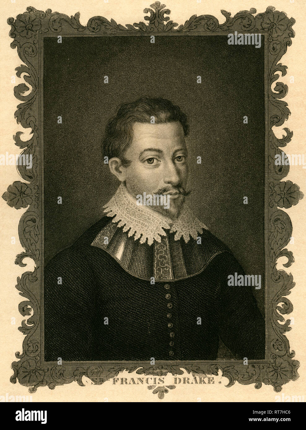 Sir Francis Drake, englischer Kapitän und viceadmiral, Stahlstich von um 1850., Artist's Urheberrecht nicht gelöscht werden Stockfoto