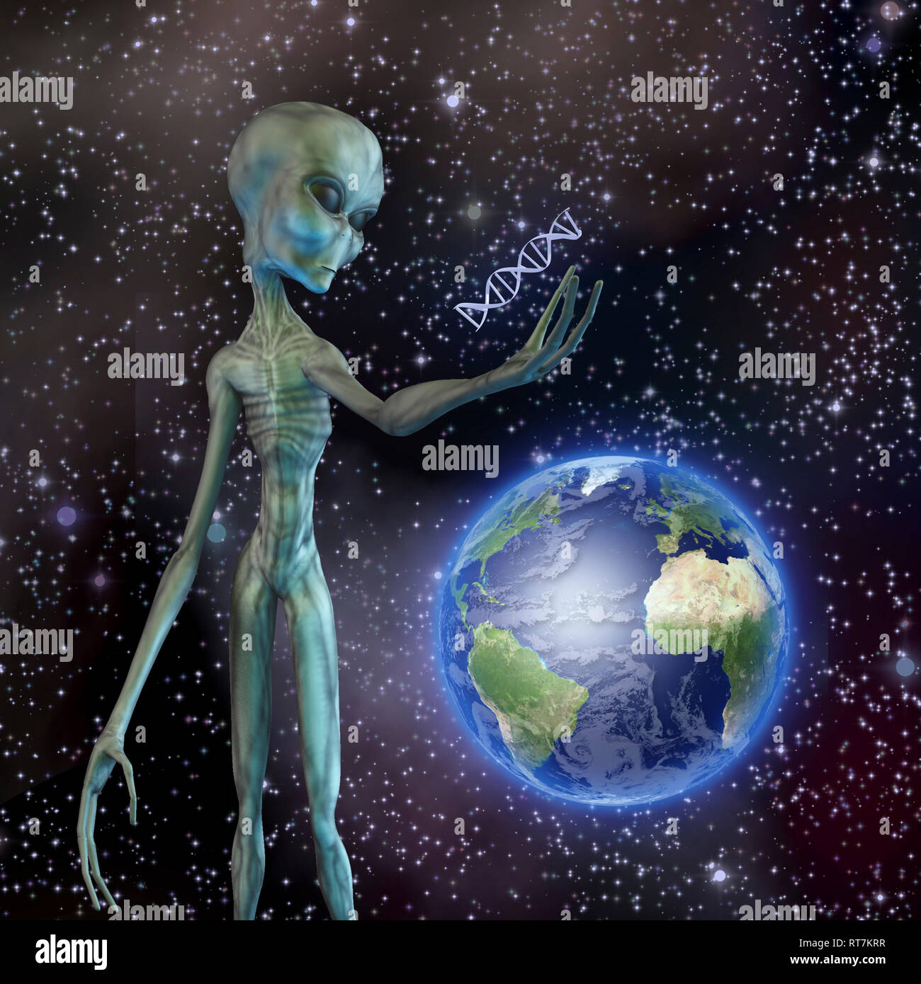 Alien schaut auf DNA-Strang Stockfoto