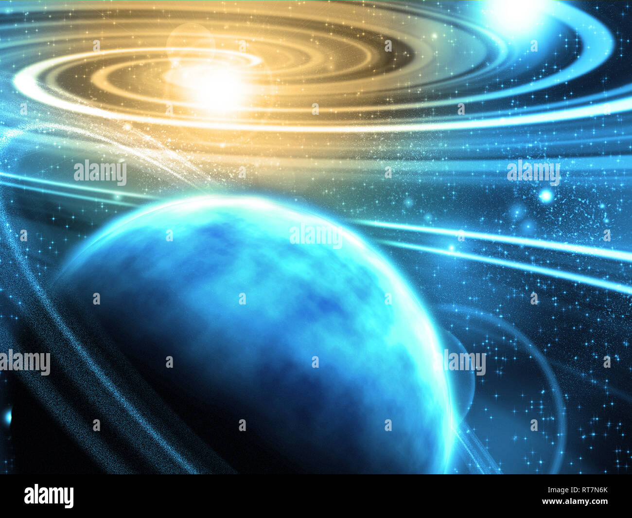 Supernova und Ringplaneten. 3D-Rendering Stockfoto