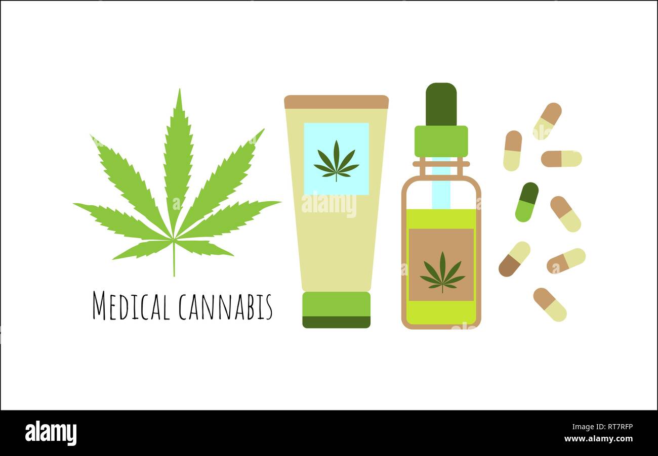 Die medizinische Verwendung von Cannabis Konzept. Öl, Kapseln und Creme aus Hanf. Vektor Stock Vektor
