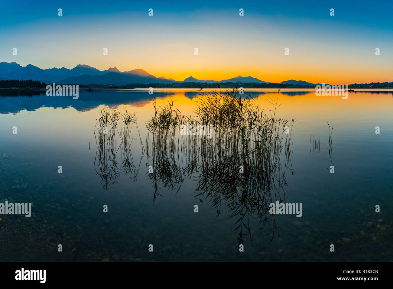 Deutschland, Ostallgäu, in der Nähe von Füssen, den Hopfensee bei Sonnenuntergang Stockfoto