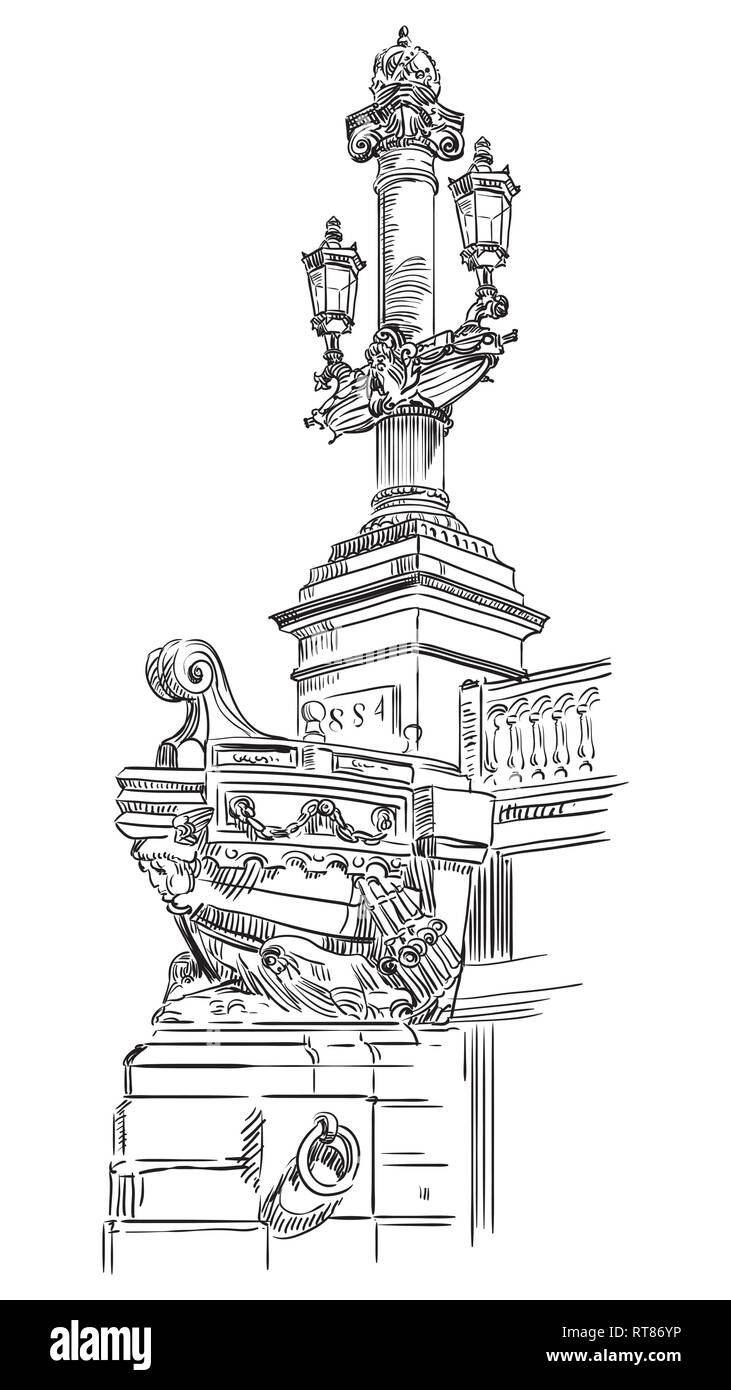 Alte Straßenlaterne auf der Brücke über der Seine (Frankreich, Paris). Vektor hand Zeichnung Illustration in schwarzer Farbe auf weißem Hintergrund Stock Vektor