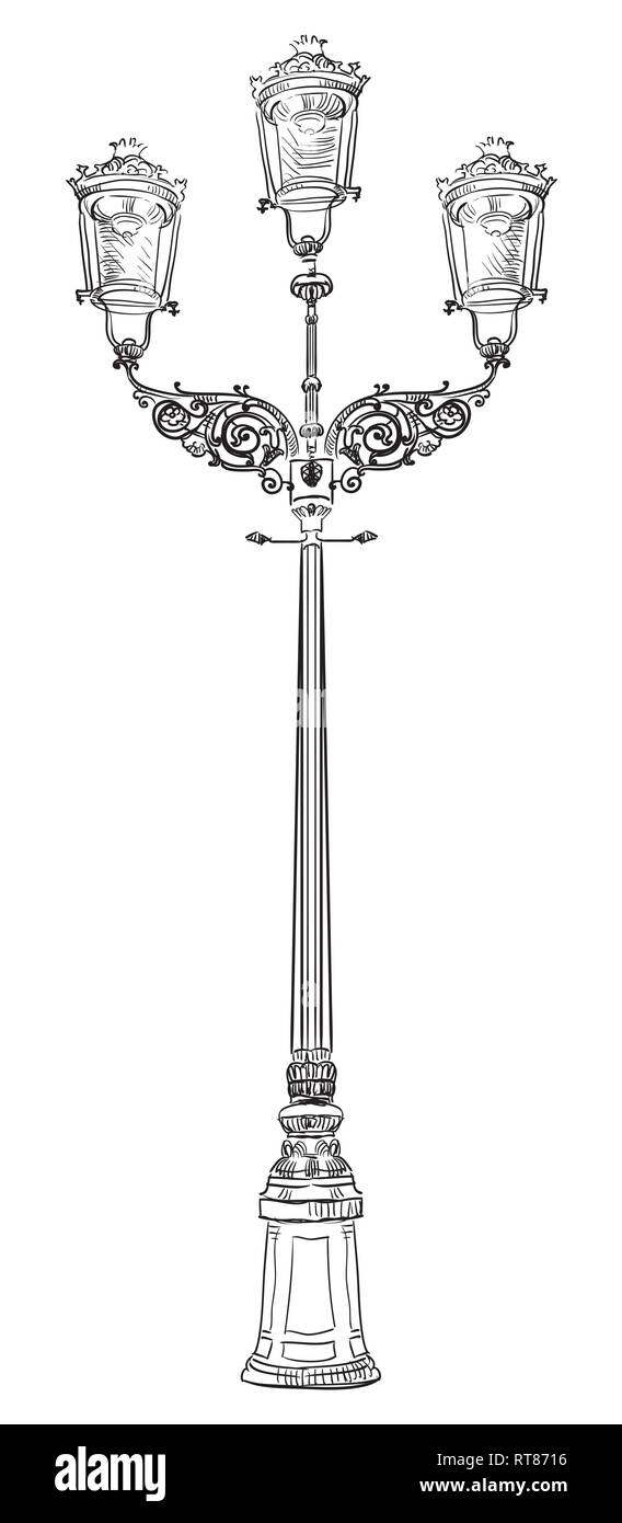 Alte Straßenlaterne. Vektor hand Zeichnung Illustration in schwarzer Farbe auf weißem Hintergrund Stock Vektor