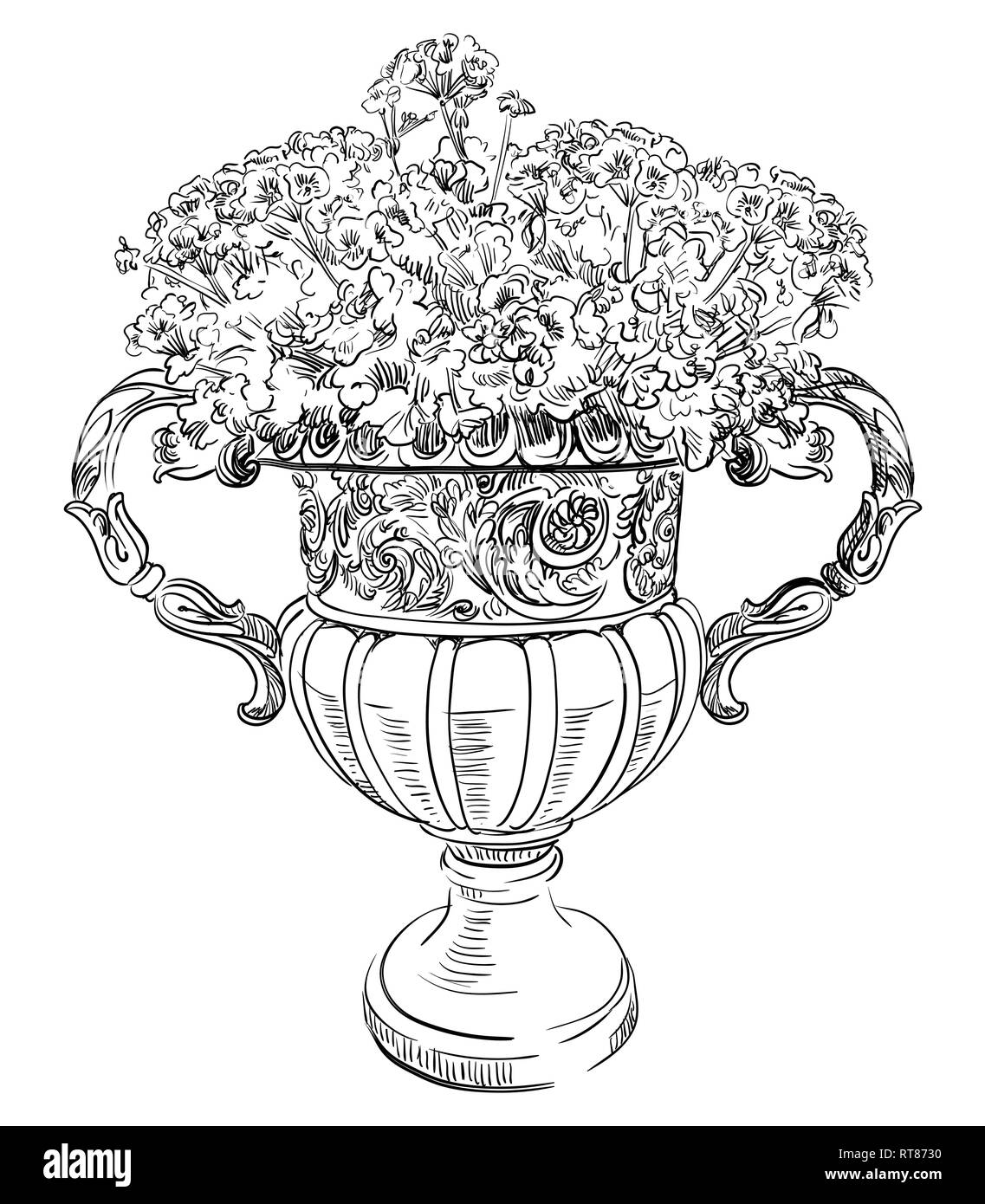 Alte schnitzerei Straße Vase mit Blumen Vektor hand Zeichnung Illustration in schwarzer Farbe auf weißem Hintergrund Stock Vektor