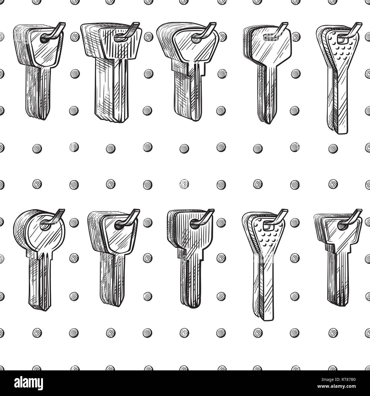 Skizze hand nahtlose Textur Schlüsselrohlinge auf Anzeige in der Schlosserei Vector Illustration gezeichnet Stock Vektor