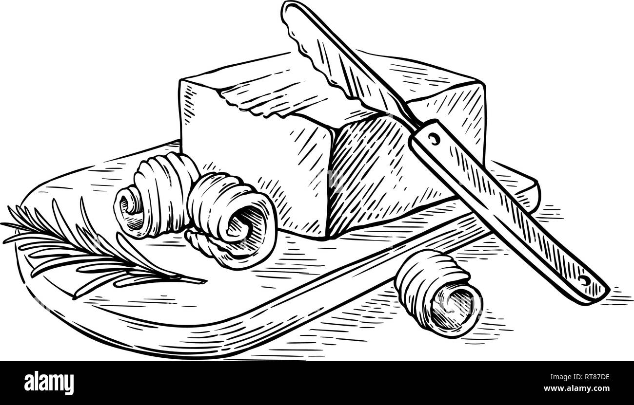 Skizze Hand gezeichnet Locken der Butter auf Holz Schneidebrett Vector Illustration Stock Vektor