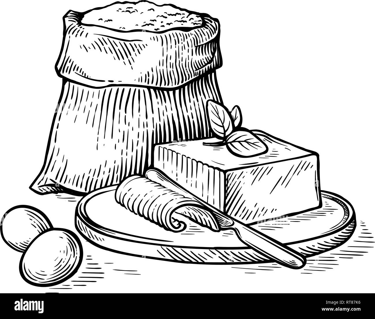 Skizze Hand gezeichnet Sack mit Mehl und Eiern und Butter auf Holzbrett Vector Illustration Stock Vektor