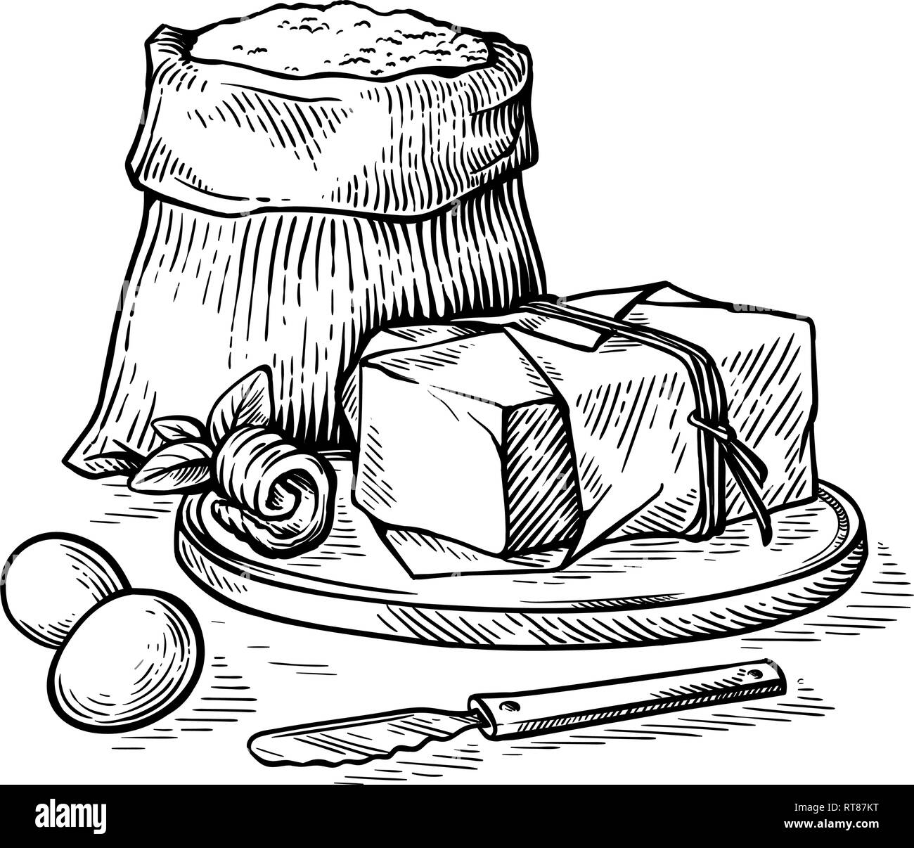 Skizze Hand gezeichnet Sack mit Mehl und Eiern und Butter auf Holzbrett Vector Illustration Stock Vektor