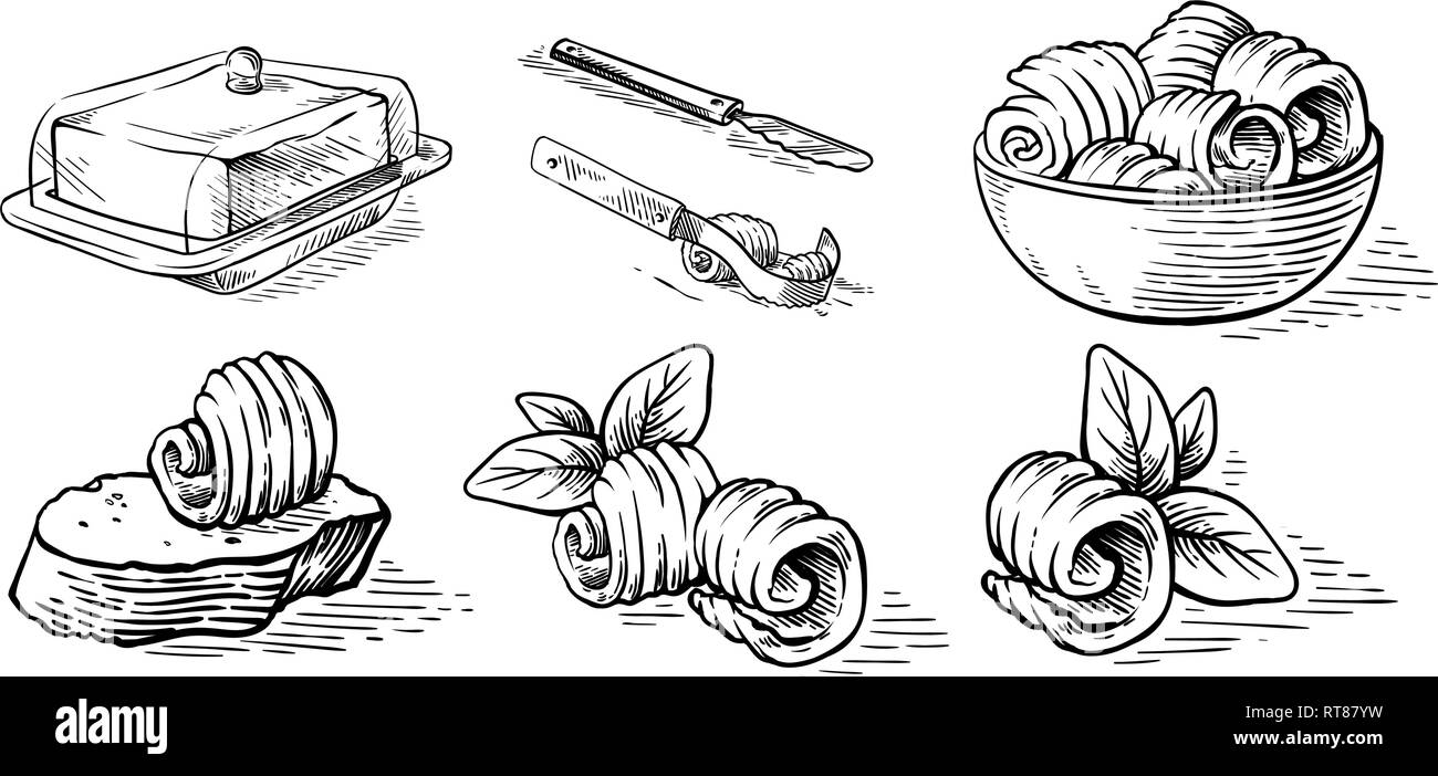 Skizze hand gezeichnete Skizze hand Butter Brot gezeichnet butterdish kulinarische Elemente Vector Illustration Stock Vektor