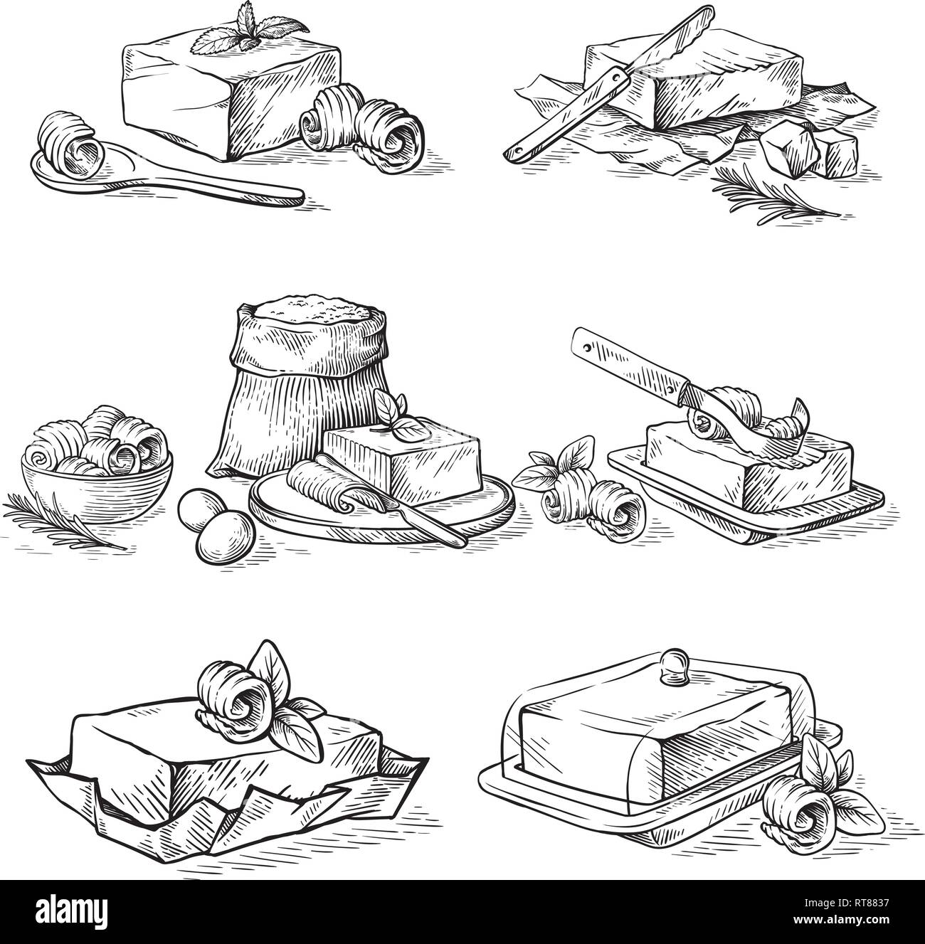 Skizze hand gezeichnete Skizze hand Butter Brot gezeichnet butterdish kulinarische Elemente Vector Illustration Stock Vektor