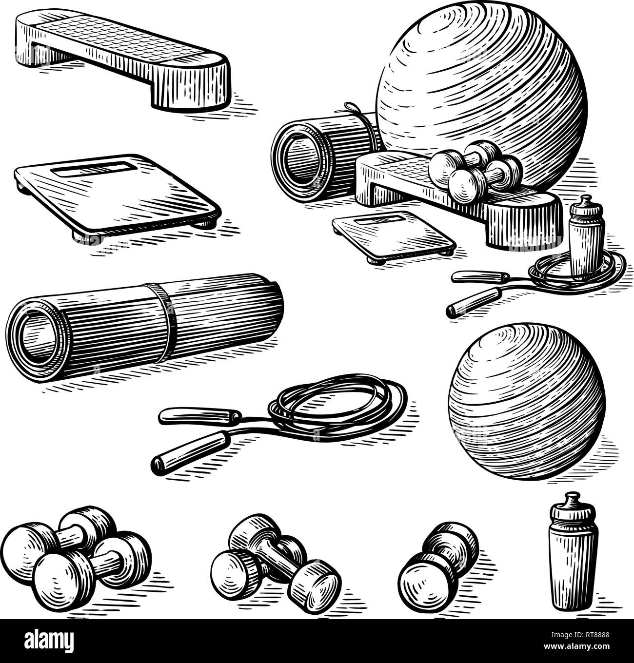 Skizze Hand gezeichnet Sammlung von Elementen für Fitness Ball Skalen Flasche Hantel schritt Vector Illustration Stock Vektor
