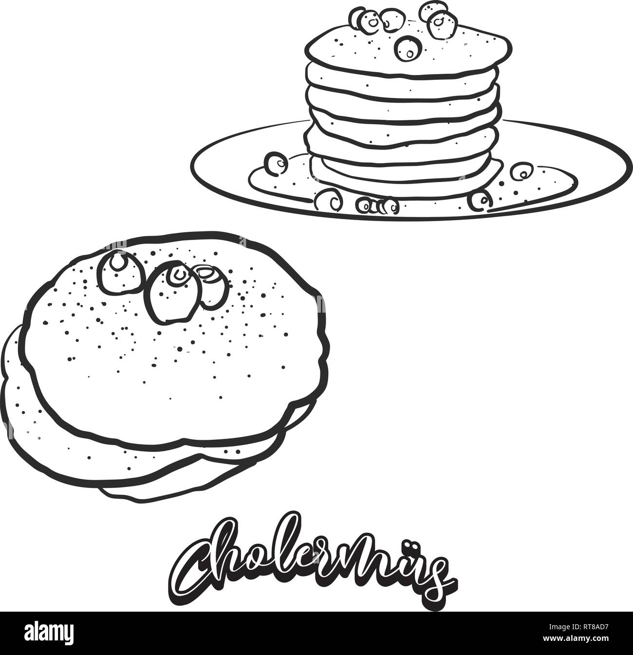 Hand gezeichnete Skizze von Cholermüs Brot. Vektor Zeichnung der Pfannkuchen essen, in der Regel in der Schweiz bekannt. Brot Abbildung Serie. Stock Vektor