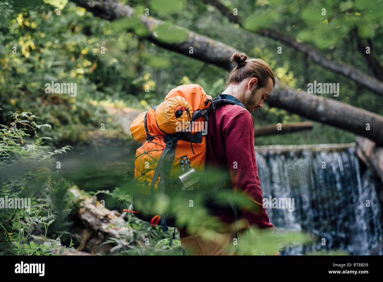 Junge Wanderer mit Rucksack in den Wald Stockfoto