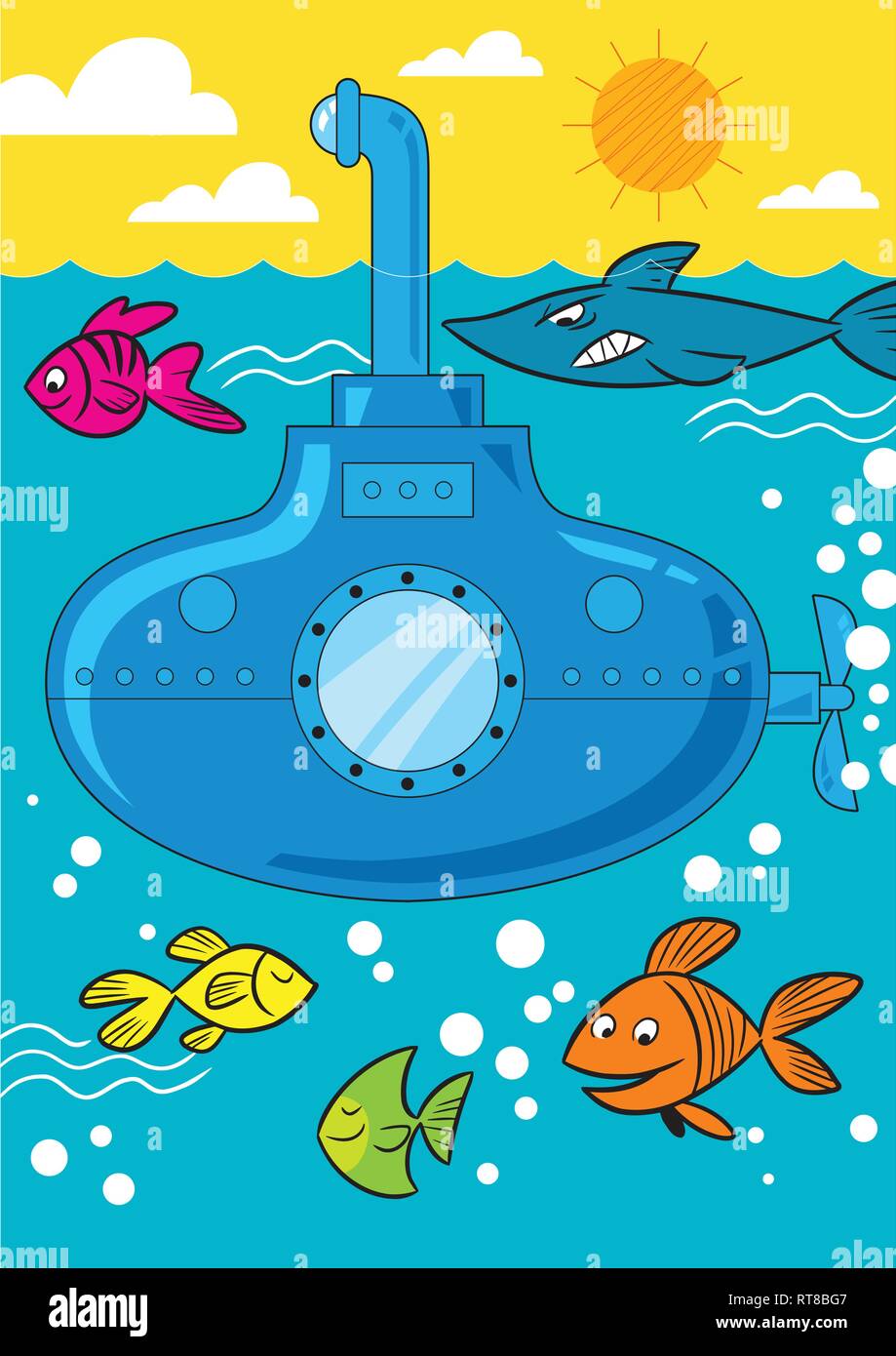 In Vector Illustration, ein Cartoon u-Boot geht in die Tiefen des Meeres und der Fisch schwimmt in der Nähe. Stock Vektor