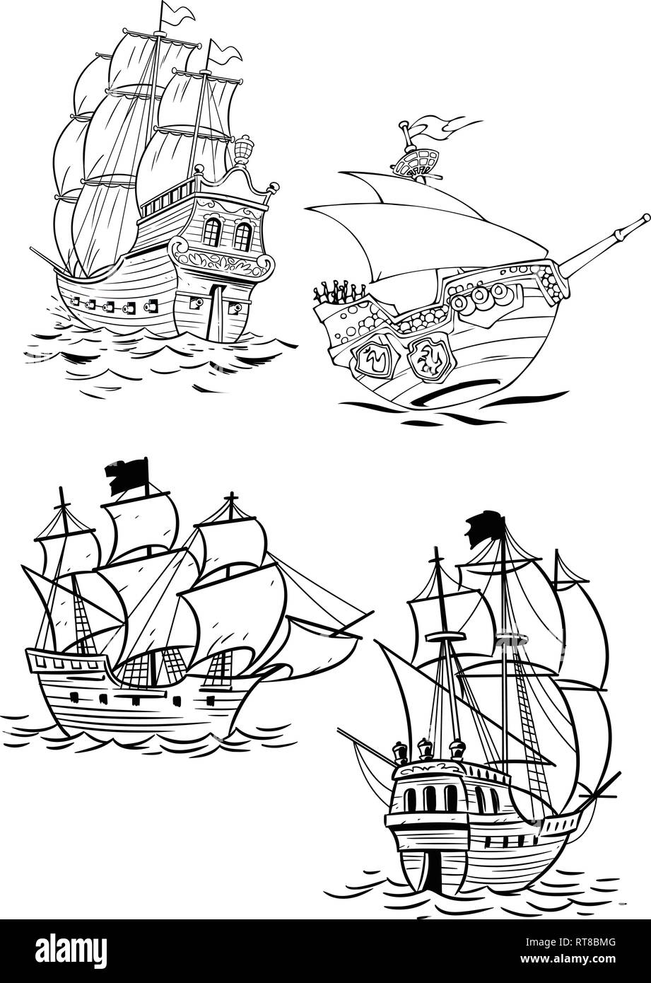 In der Abbildung wird ein Satz von Vintage segeln Fregatten in einem Cartoon Stil, auf einem weißen Hintergrund isoliert, mit einer schwarzen Outline. Stock Vektor