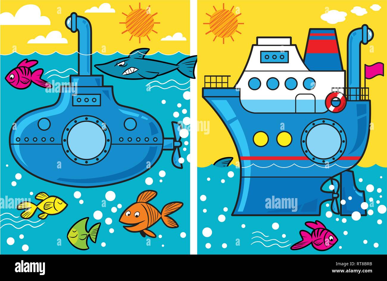 Die illustration Cartoon präsentiert u-Boot und ein Schiff auf dem Meer, die Fische schwimmen um Sie herum Stock Vektor