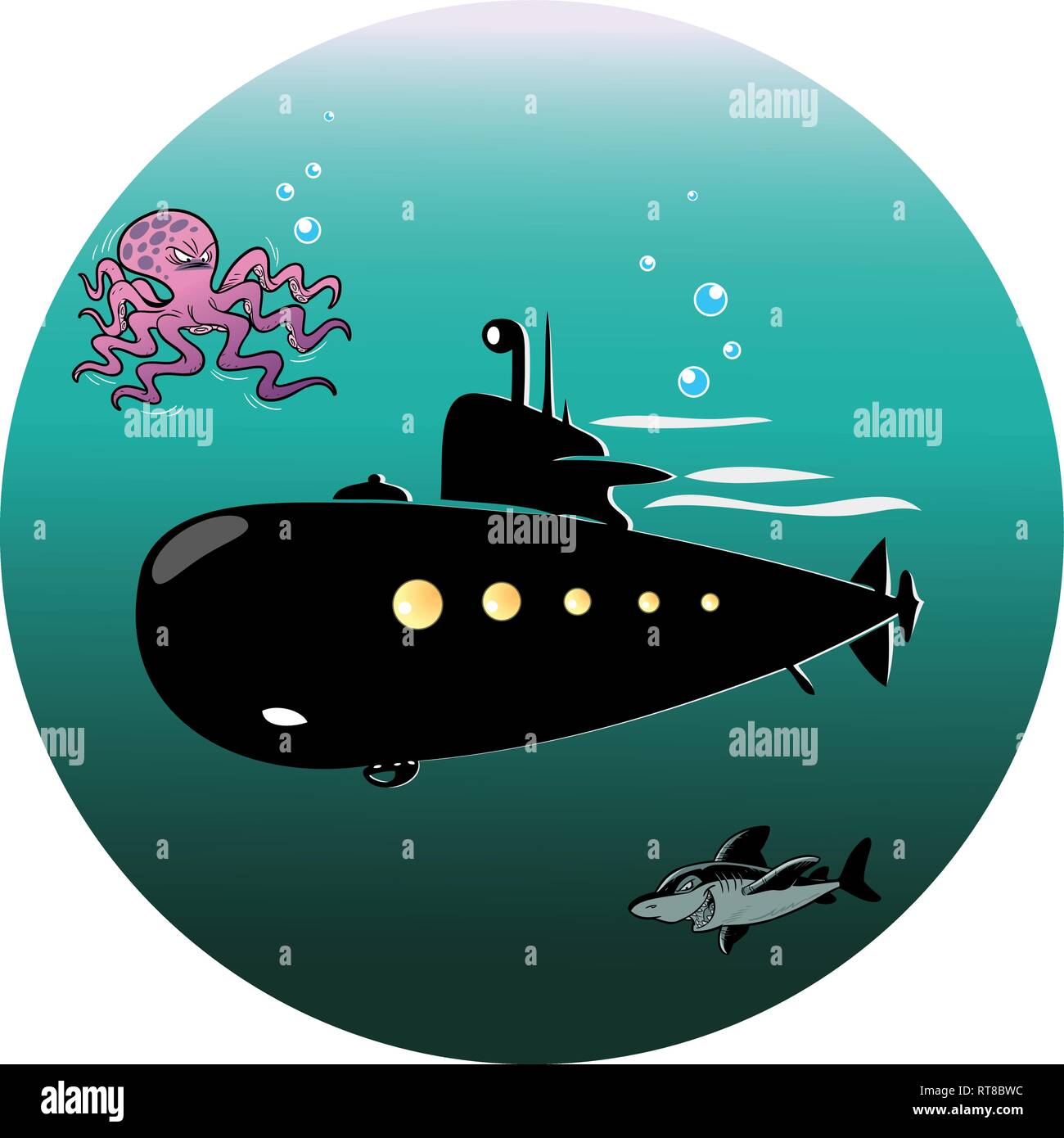 In der Vector Illustration einen großen Cartoon u-Boot in die Tiefe des Meeres, in der Nähe vom Shark und Tintenfisch Stock Vektor