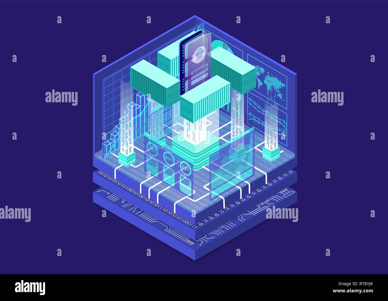Anwendung die Containerisierung und modulare Software Entwicklung Konzept mit Symbol für Smartphone und Containern als isometrische Vector Illustration. Stock Vektor