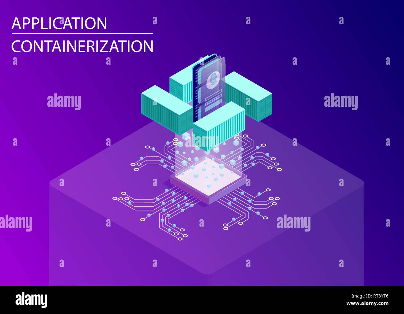 Software und Anwendung die Containerisierung Konzept. 3d-isometrische Vector Illustration mit schwebenden smart phone und Container als Symbol für modulare Web Stock Vektor