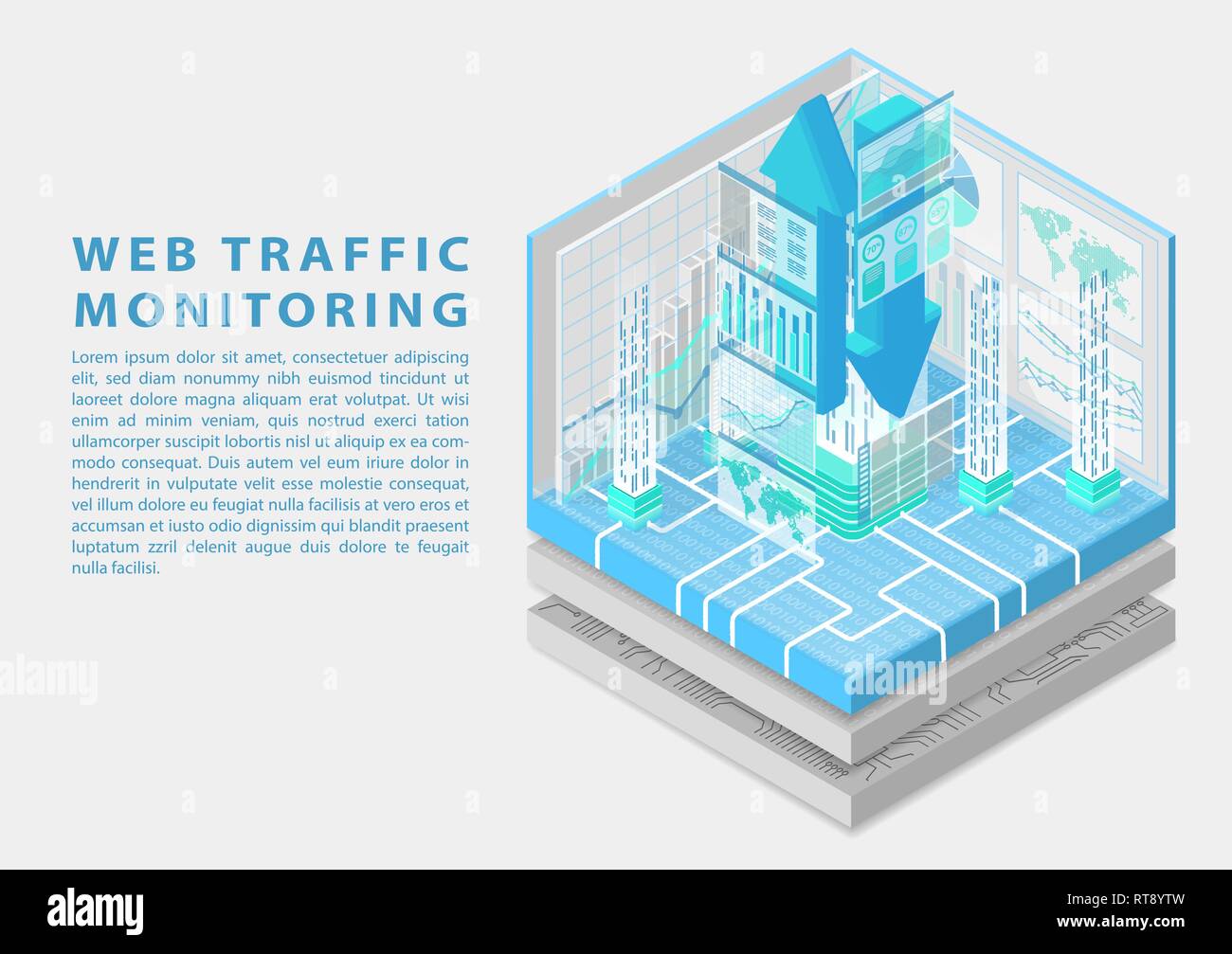 Web Traffic Monitoring Konzept mit Symbol der schwebenden Upload und Download Pfeile und verschiedenen Monitoring-dashboards als isometrische 3D-Vektor illustratio Stock Vektor