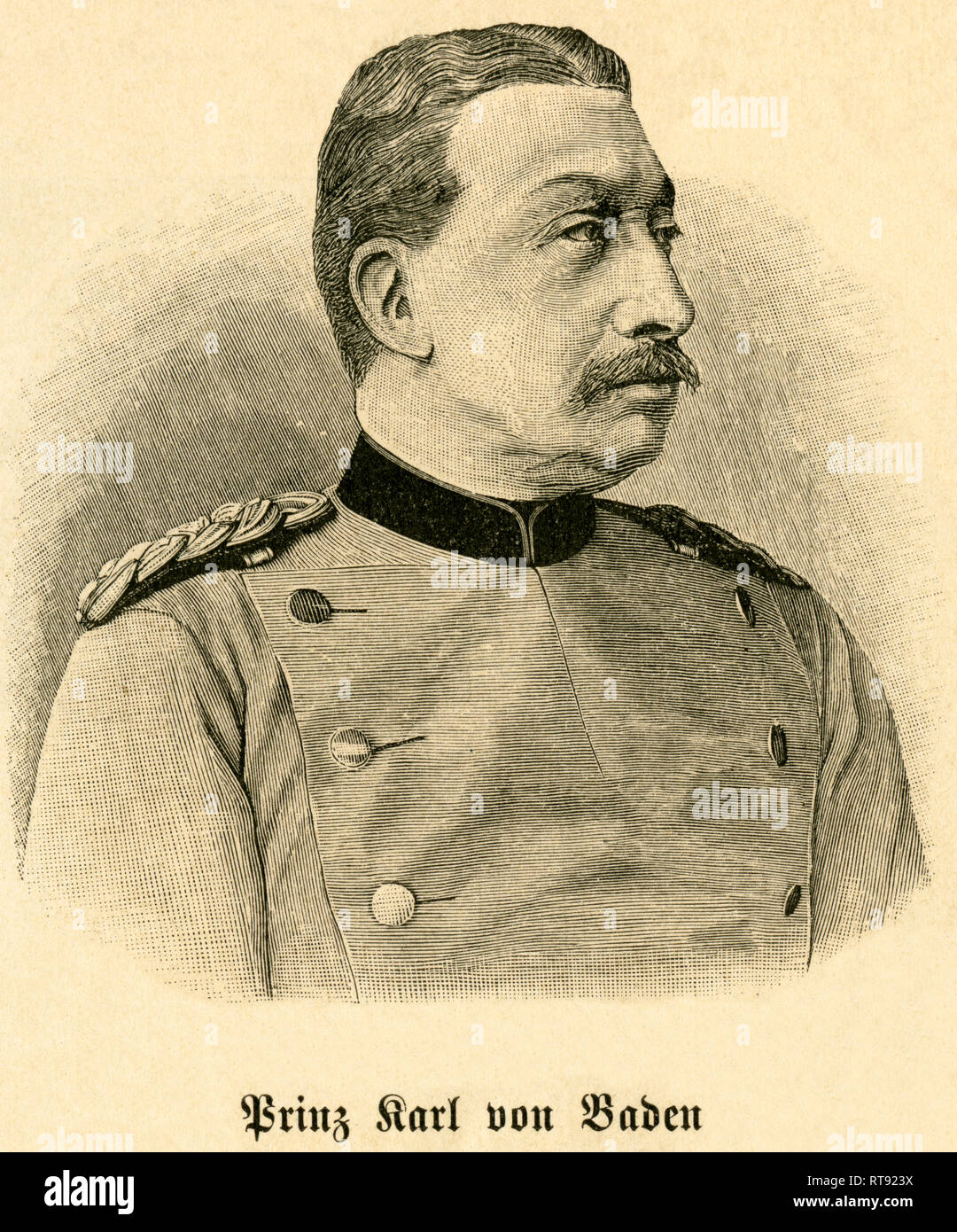 Prinz Karl von Baden, Portrait von: 'Deutschlands Heerführer" (Deutscher militärischer Führer), durch Sprößer, Verlag Ferdinand Hirt und Sohn, Leipzig, 1895 porträtiert., Additional-Rights - Clearance-Info - Not-Available Stockfoto