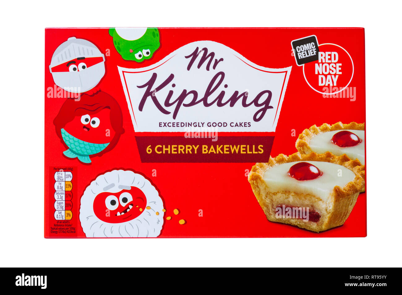 Box von Herr Kipling 6 Cherry bakewells überaus guten Kuchen auf weißen Hintergrund für Comic Relief red nose day isoliert Stockfoto