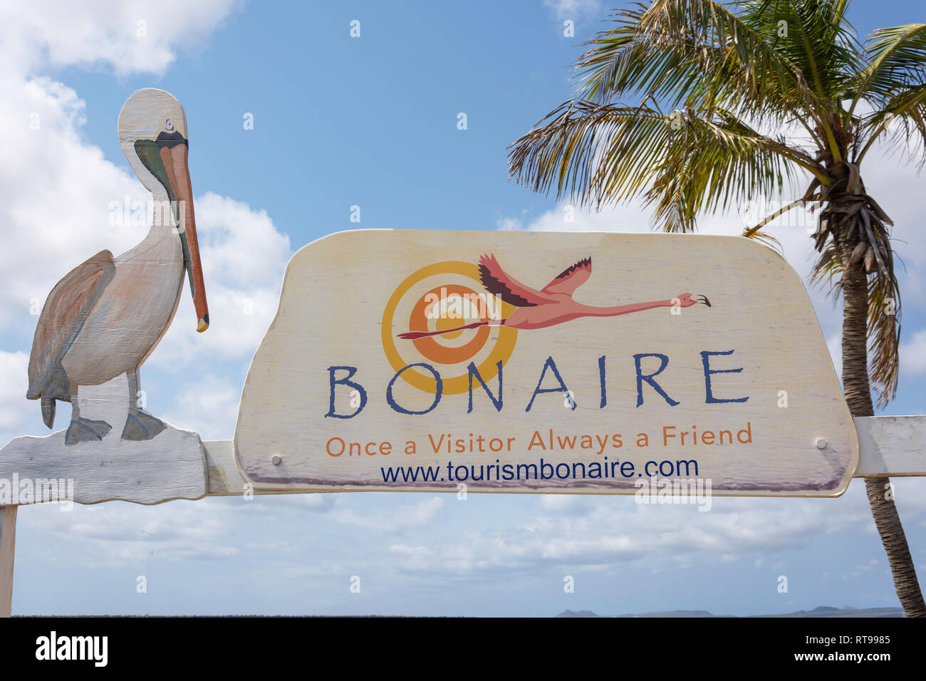 'Willkommen in Bonaire" Schild, Kralendijk, Bonaire, ABC-Inseln, Leeward Antillen, Karibik Stockfoto