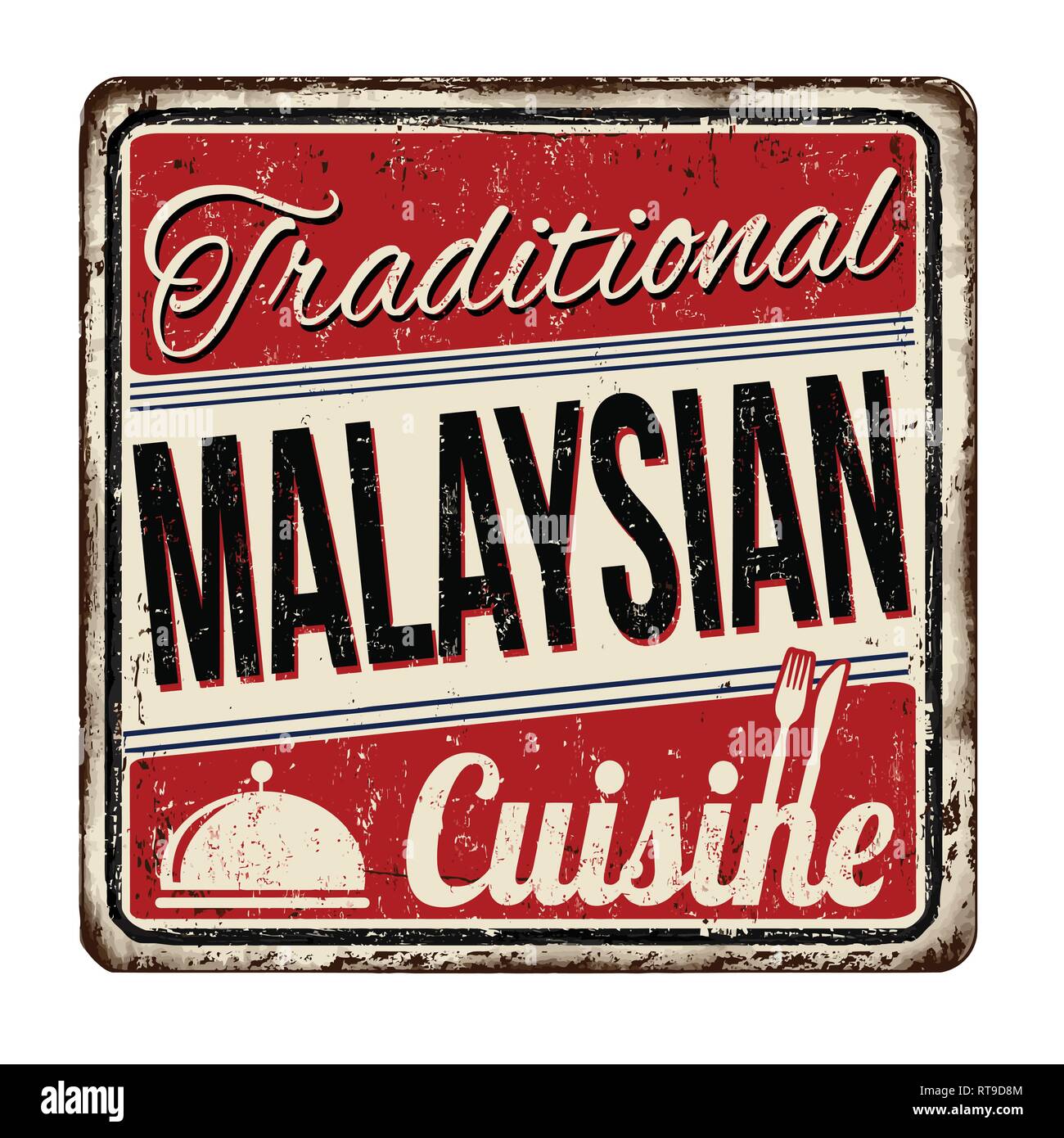 Traditionelle malaysische Küche vintage rostiges Metall Zeichen auf weißem Hintergrund, Vector Illustration Stock Vektor