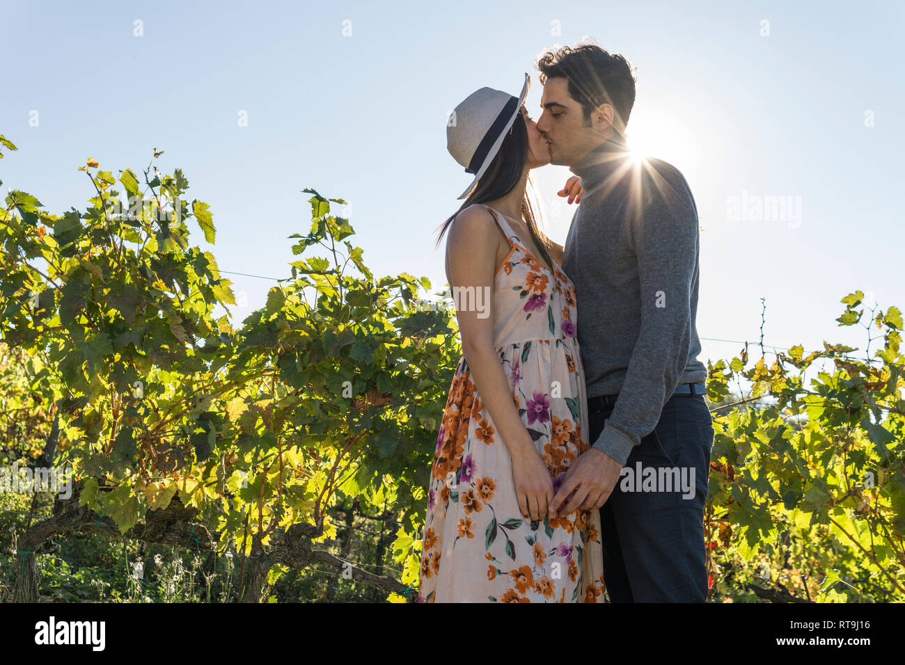 Italien, Toskana, Siena, junges Paar Küssen in einem Weinberg Stockfoto