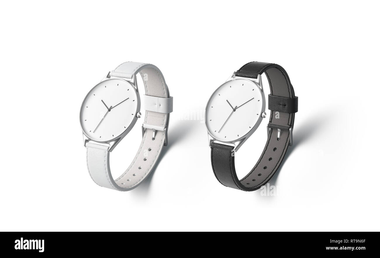 Leere schwarze und weiße Armbanduhr Armband Mockup, isoliert, Tiefenschärfe, 3D-Rendering. Leere klassische Uhr mit Armreif mock up. Klare Anzeige mit Pfeil horologe Vorlage. Stockfoto