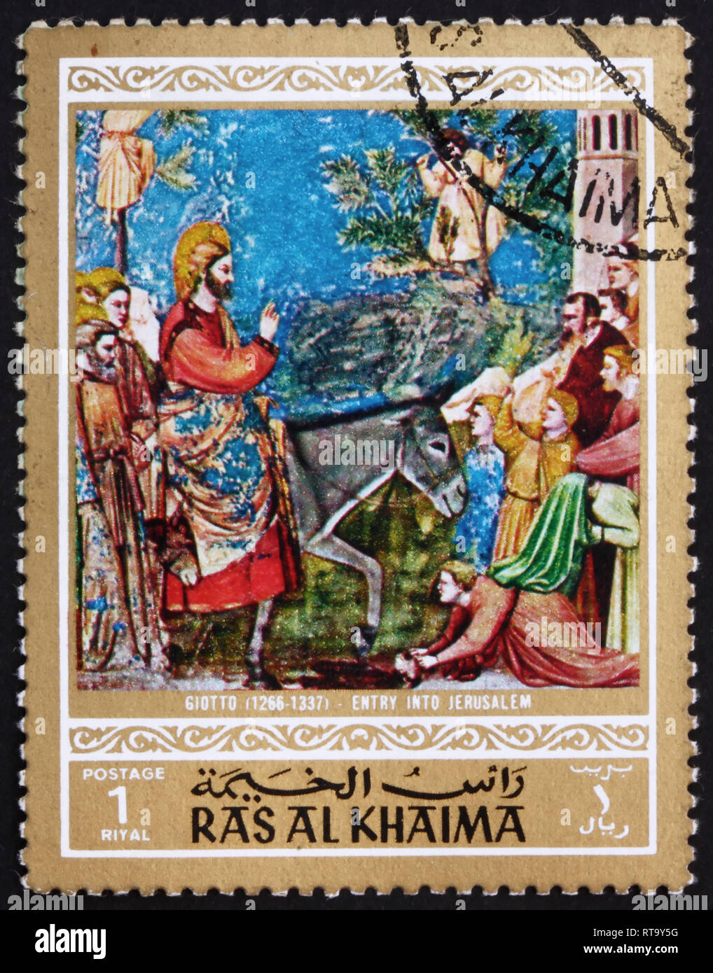 RAS AL-KHAIMAH - circa 1970: ein Stempel im Ras al-Khaimah zeigt Einzug in Jerusalem, Gemälde von Giotto di Bondone, Leben von Jesus Christus, ci gedruckt Stockfoto