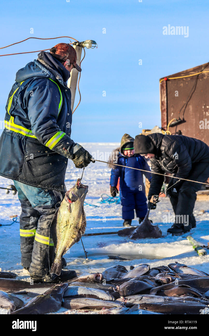 Lehre die nächste Generation zu Fisch auf dem Eis Stockfoto