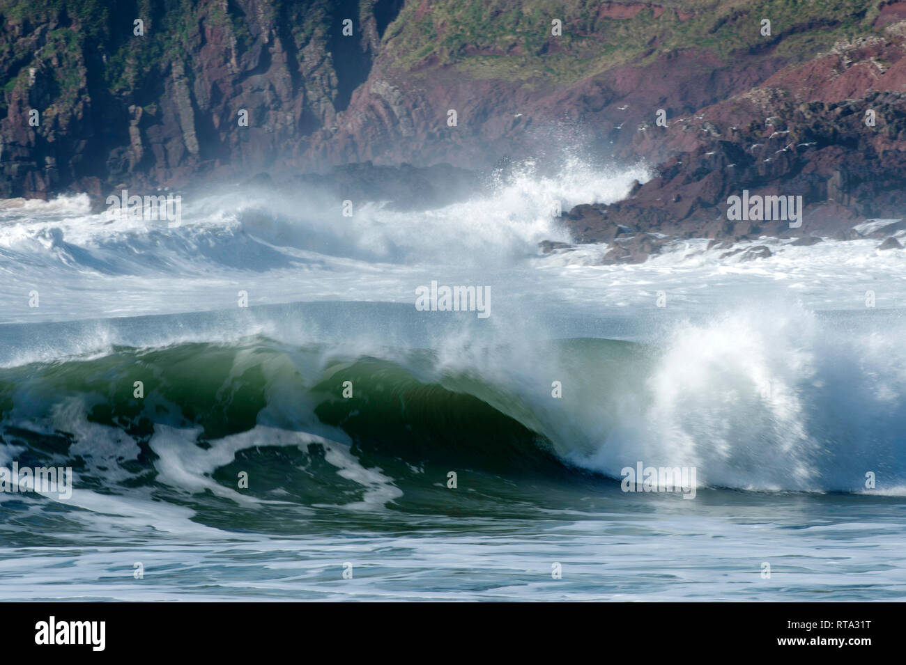 Perfekte Welle am Manorbier Strand am Pembroke Küstenweg Stockfoto