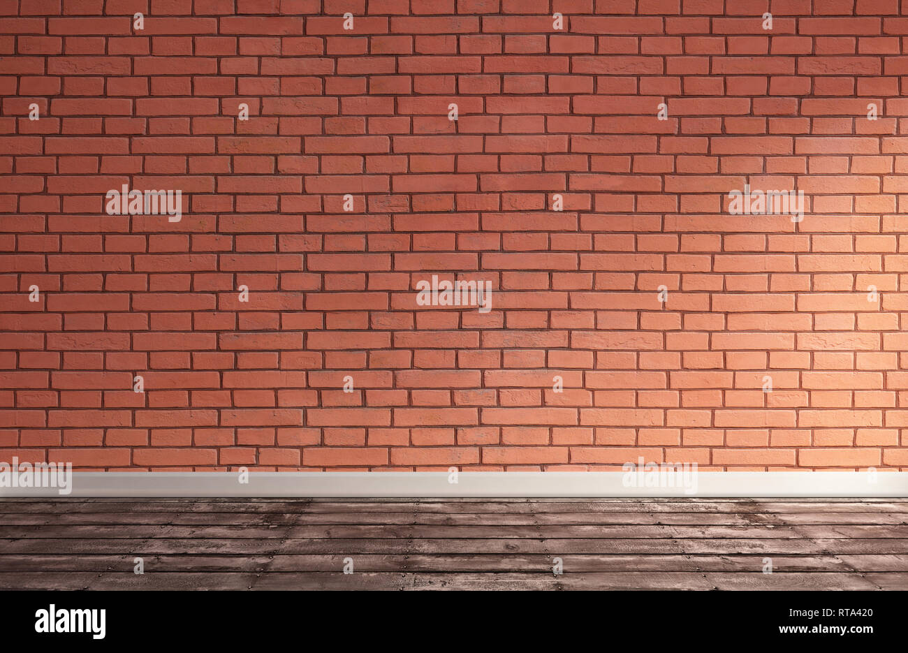 3D Rendering Illustration der großen, modernen Zimmer mit Red brick wall, Parkett. Loft Interieur mit hellem Sonnenlicht. Studio, Showroom, photostu Stockfoto