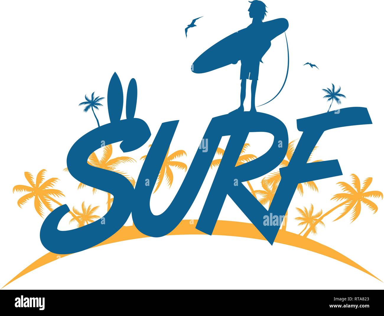 Surf-Schriftzug mit Surfer auf Palm Tree Hintergrund. Vector Illustration Stock Vektor