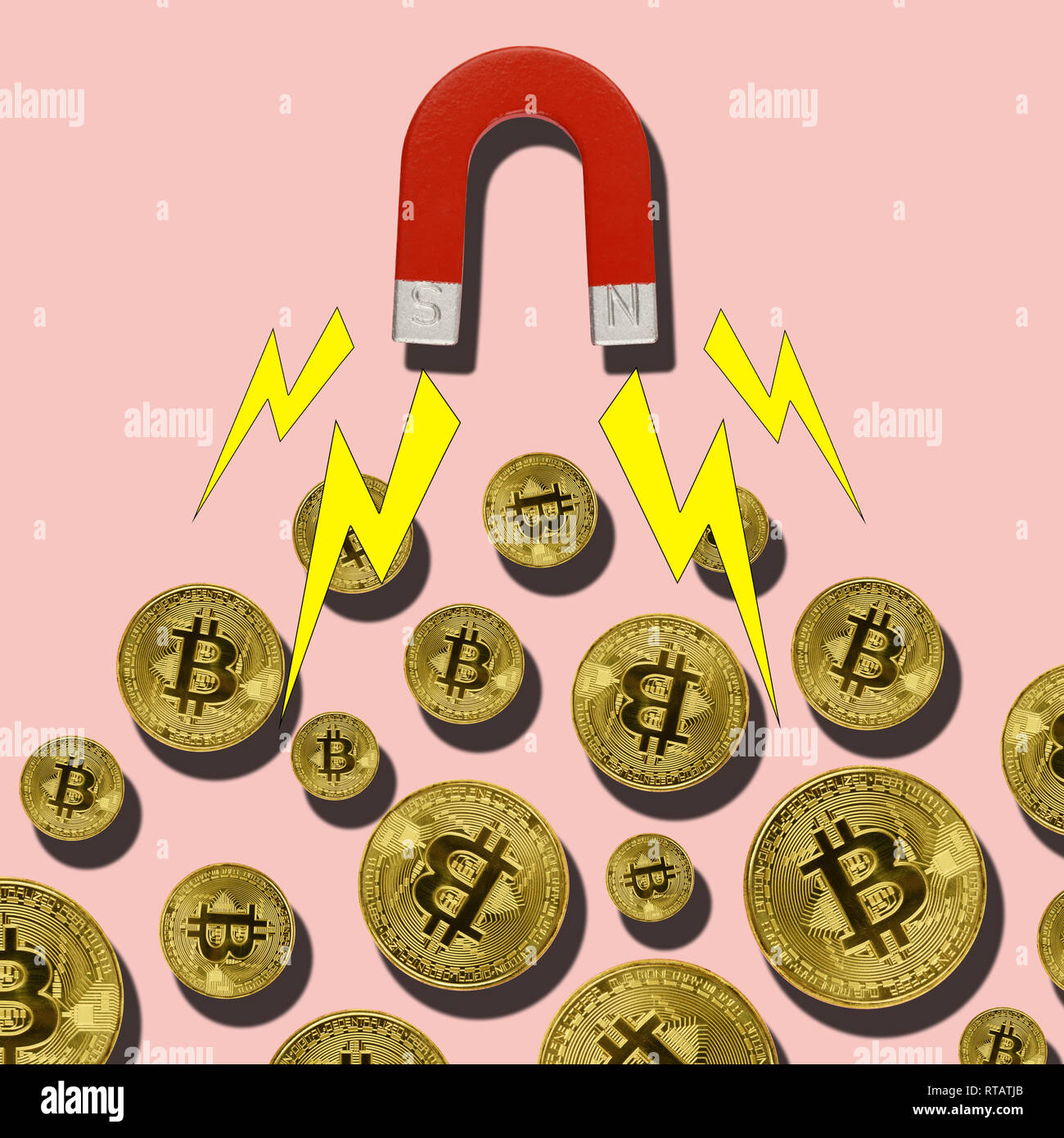 Bitcoin und Magnet anzieht. Bergbau Konzept Stockfoto
