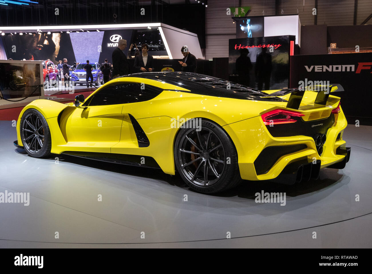 Genf, Schweiz - 7. MÄRZ 2018: Hennessey Venom F5 Sportwagen-Debüt auf dem 88. Internationalen Automobilsalon in Genf. Stockfoto