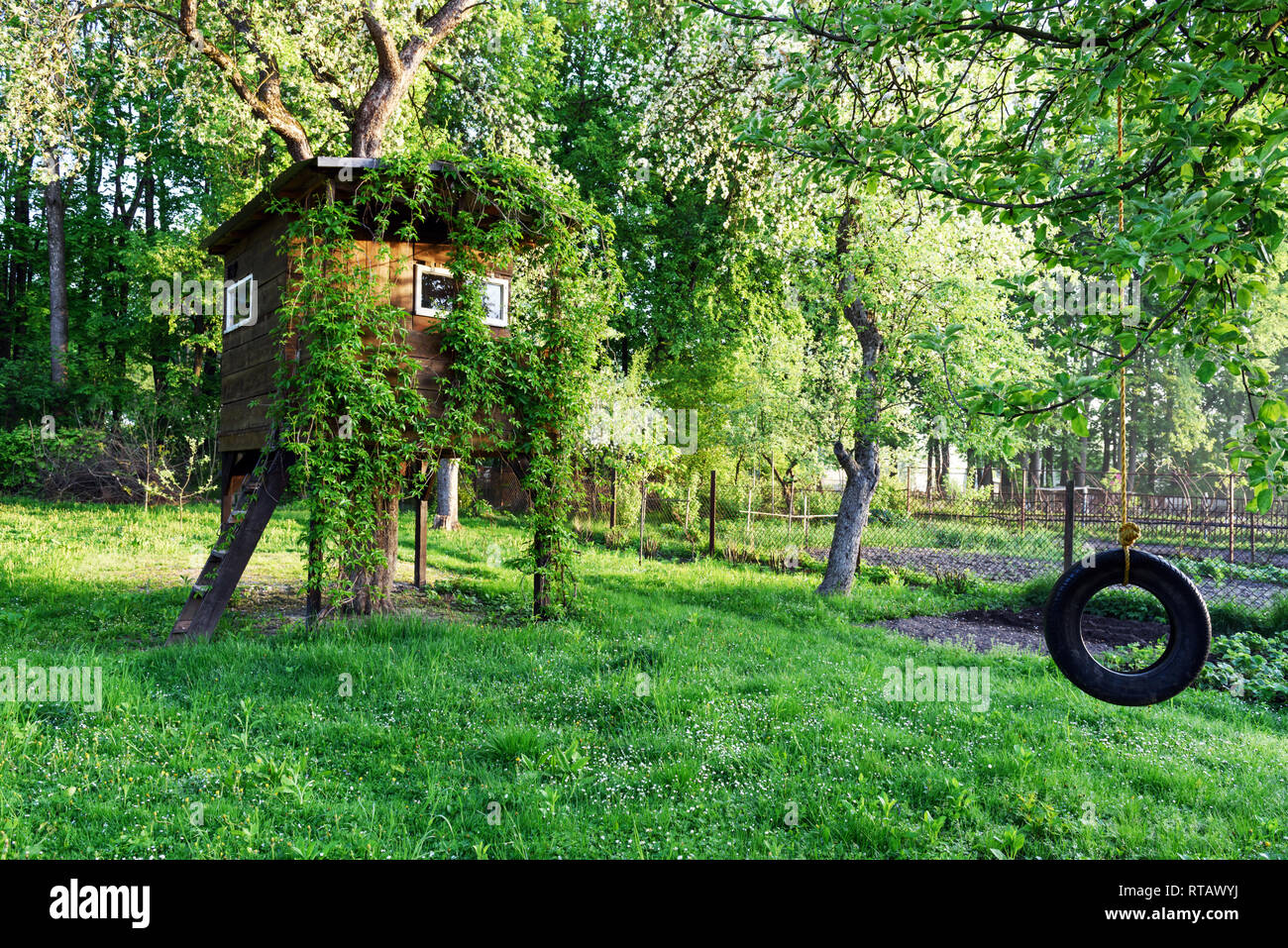 Haus auf Baum im grünen Frühling Garten Stockfoto