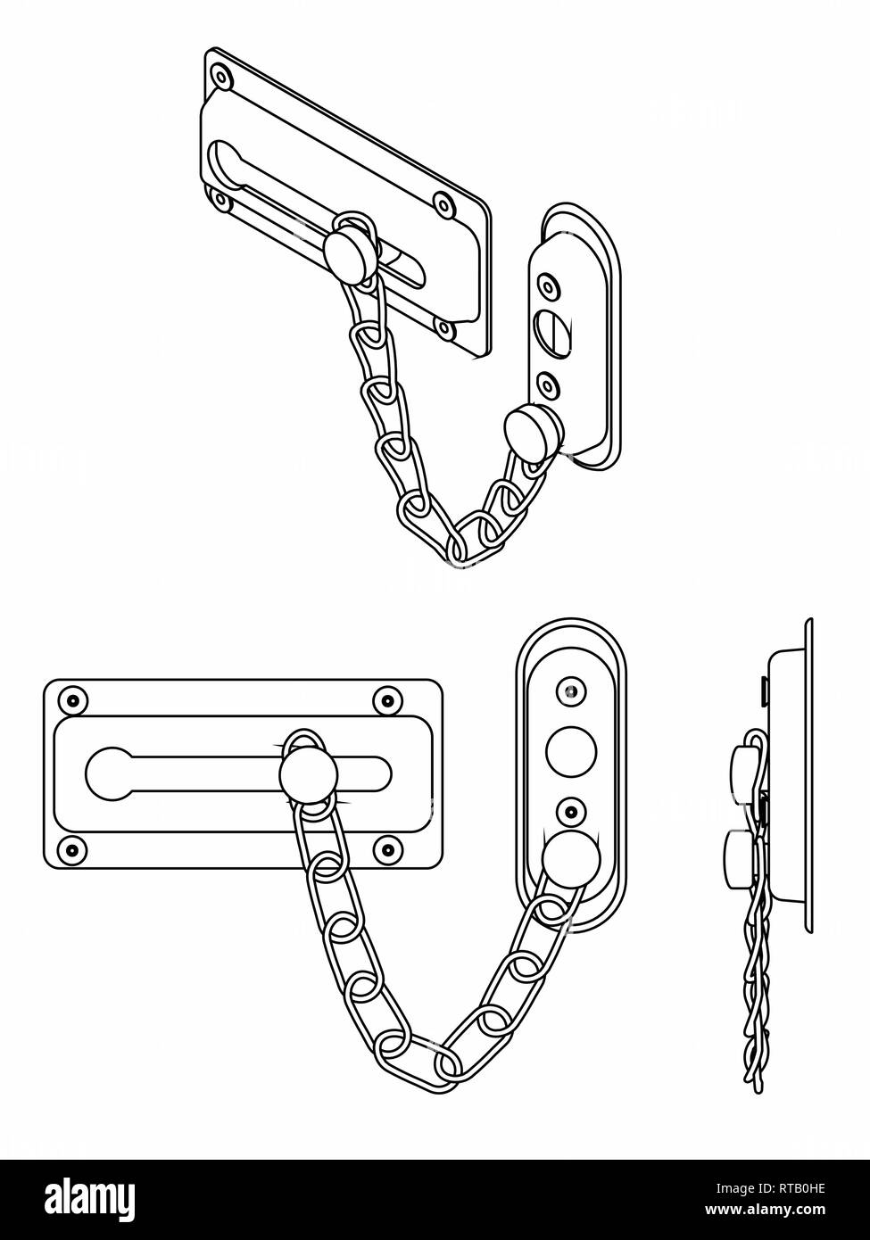 Kette Türschloss. Umrisse nur. Stock Vektor