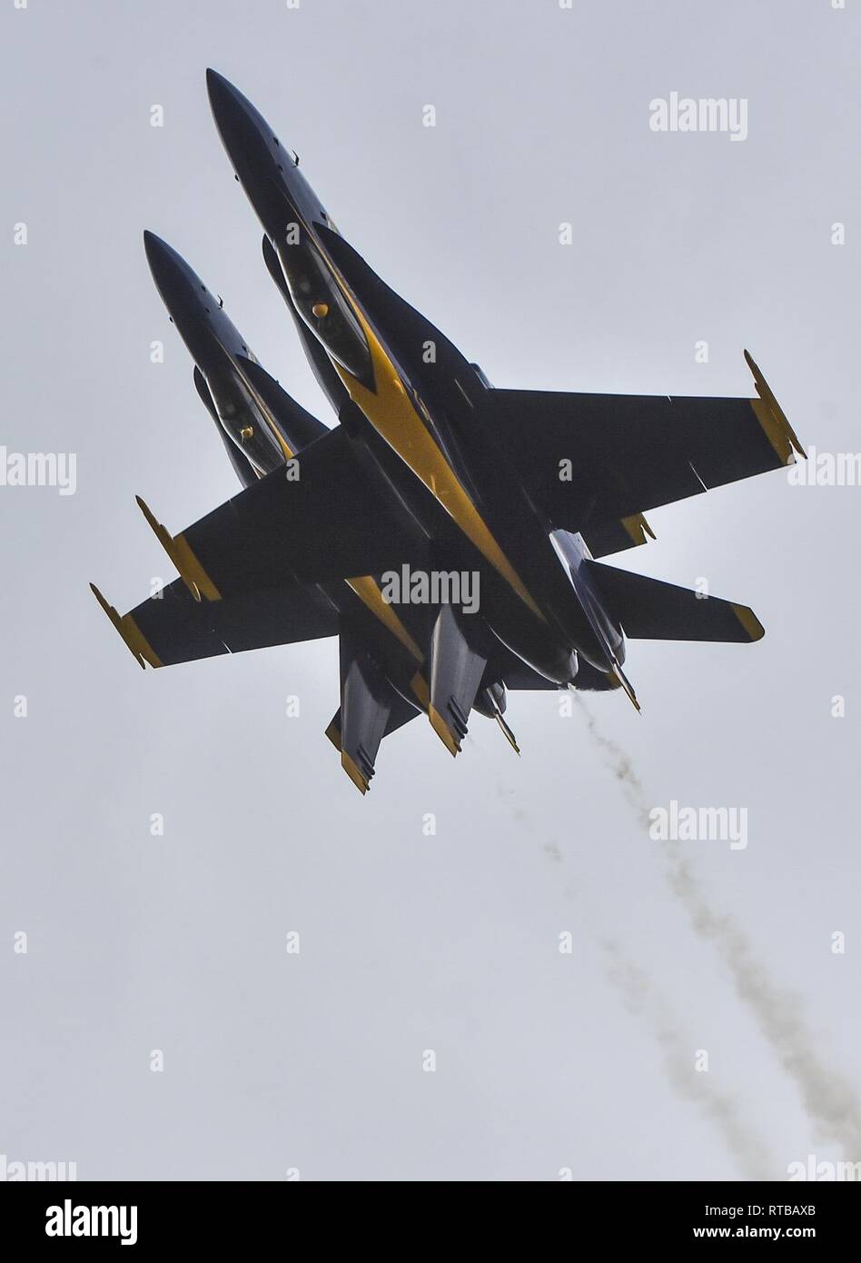EL Centro, Kalifornien (Feb. 2, 2019) der US-Navy Flight Demonstration Squadron, die Blue Angels, Diamond Piloten führen Sie die doppelte Farvel Manöver während einer Ausbildung Flug bei Naval Air Facility (NAF) El Centro. Der Blaue Engel sind die Durchführung von winter Training an NAF El Centro, Kalifornien, in der Vorbereitung für die Saison 2019 zeigen. Das Team wird voraussichtlich 61 Flugvorführungen an 32 Standorten im Land der Stolz und die Professionalität der US Navy und Marine Corps zur Schau zu stellen, der amerikanischen Öffentlichkeit zu führen. Stockfoto