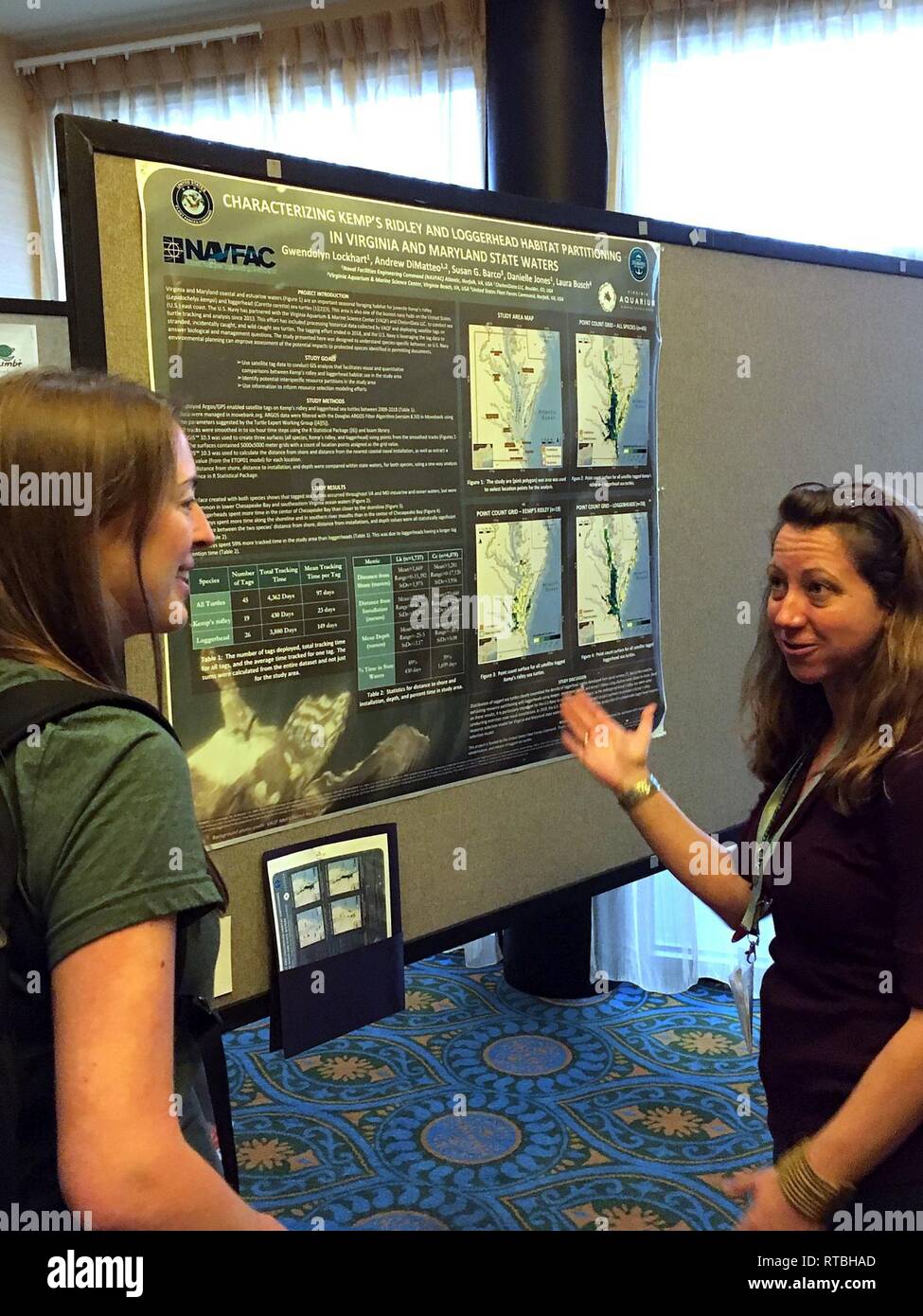 CHARLESTON, S.C. (Feb. 7, 2019) Gwen Lockhart, Recht, ein marine Ressource Spezialist mit Marine Engineering Befehlsbereich Atlantik, bespricht, kollaborative U.S. Navy-finanzierte Forschung vergleicht Kemp's Ridley und Karettschildkröte Lebensraum Auslastung in Virginia und Maryland State Gewässer mit einem Besucher während einer Poster Session auf der 2019 International Sea Turtle Symposium. Die US-Marine zum Schutz der marinen Arten durch wissenschaftliche Forschung, Umsetzung von Maßnahmen im Betrieb und Ausbildung am Meer, und die Zusammenarbeit mit Aufsichtsbehörden und Wissenschaftler verpflichtet. Stockfoto