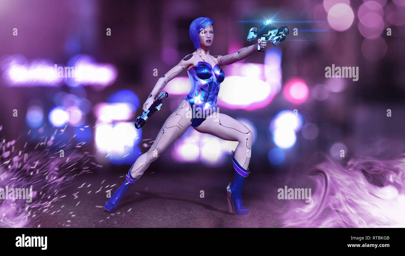 Cyborg Girl bewaffnet mit Gewehren, weiblichen Kampf Roboter schießen, sci-fi android Frau in der Nacht Stadt, 3D-Rendering Stockfoto