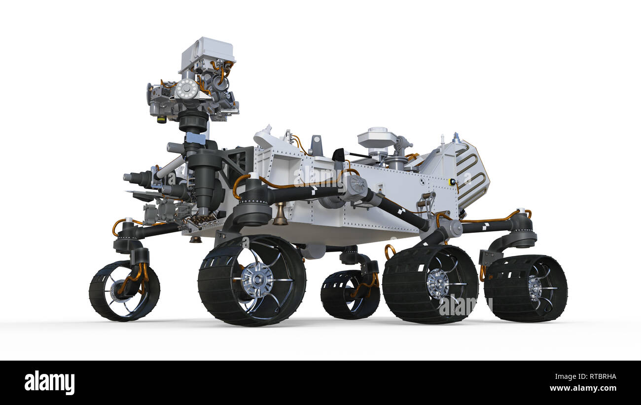 Mars Rover, Robotik autonome Fahrzeug auf weißem Hintergrund, 3D-Darstellung Stockfoto