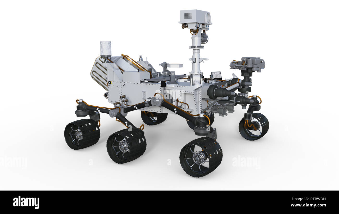 Mars Rover, automatisierte Platz motor Fahrzeug auf weißem Hintergrund, 3D-Darstellung Stockfoto
