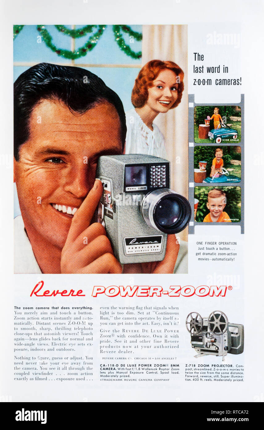 1960 Magazin Werbung für Revere Power-Zoom Kamera. Stockfoto