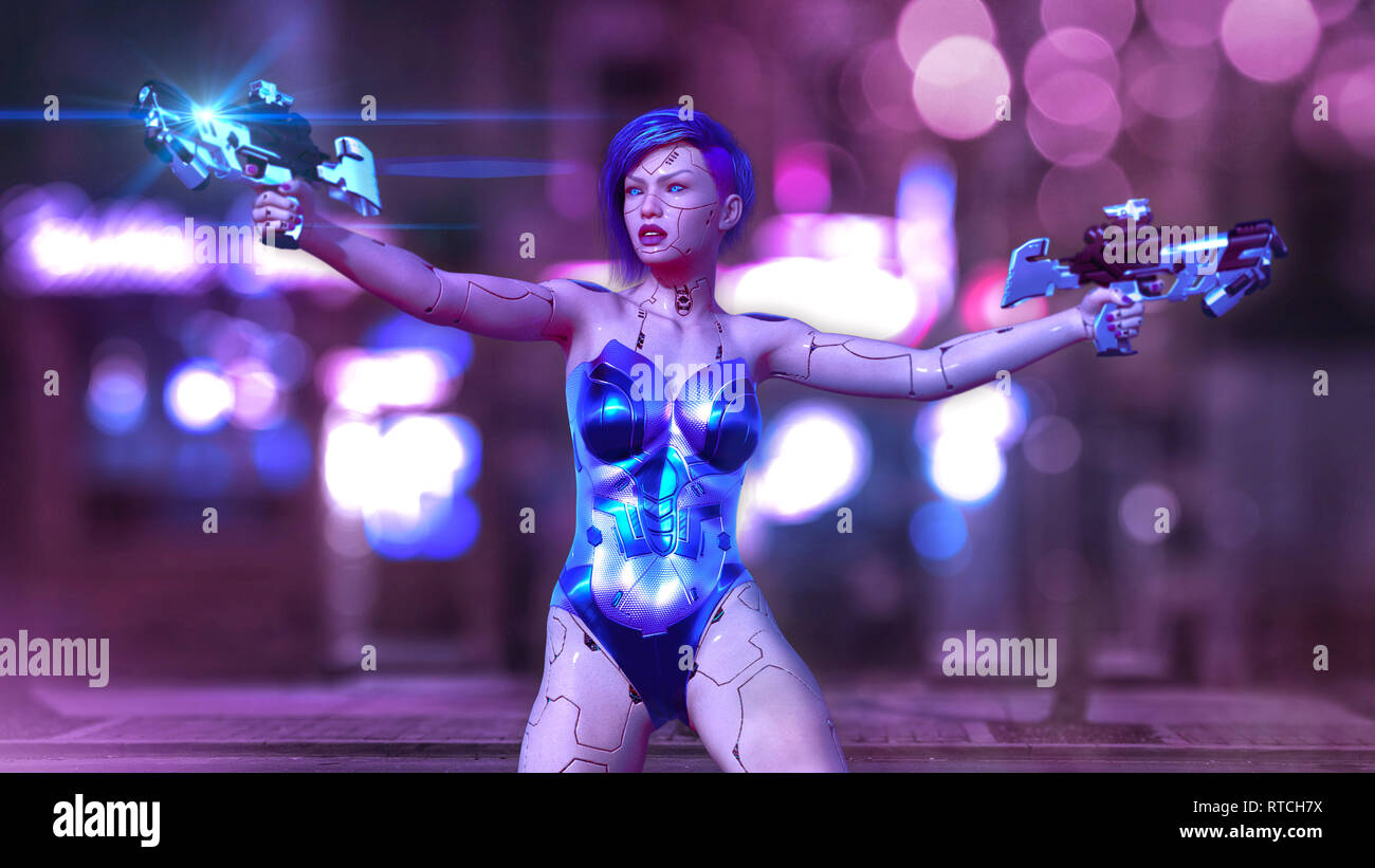 Cyborg Girl bewaffnet mit Gewehren, weiblichen Kampf Roboter schießen, sci-fi android Frau auf der Nacht city street, 3D-Rendering Stockfoto