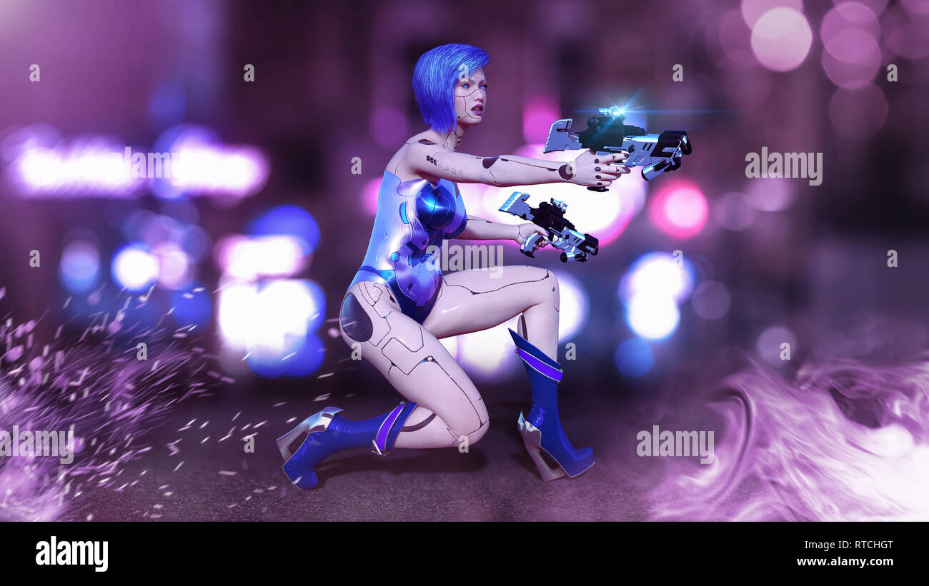 Cyborg Girl bewaffnet mit Gewehren hockend, weiblichen Kampf Roboter schießen, sci-fi android Frau in der Nacht city street, 3D-Rendering Stockfoto