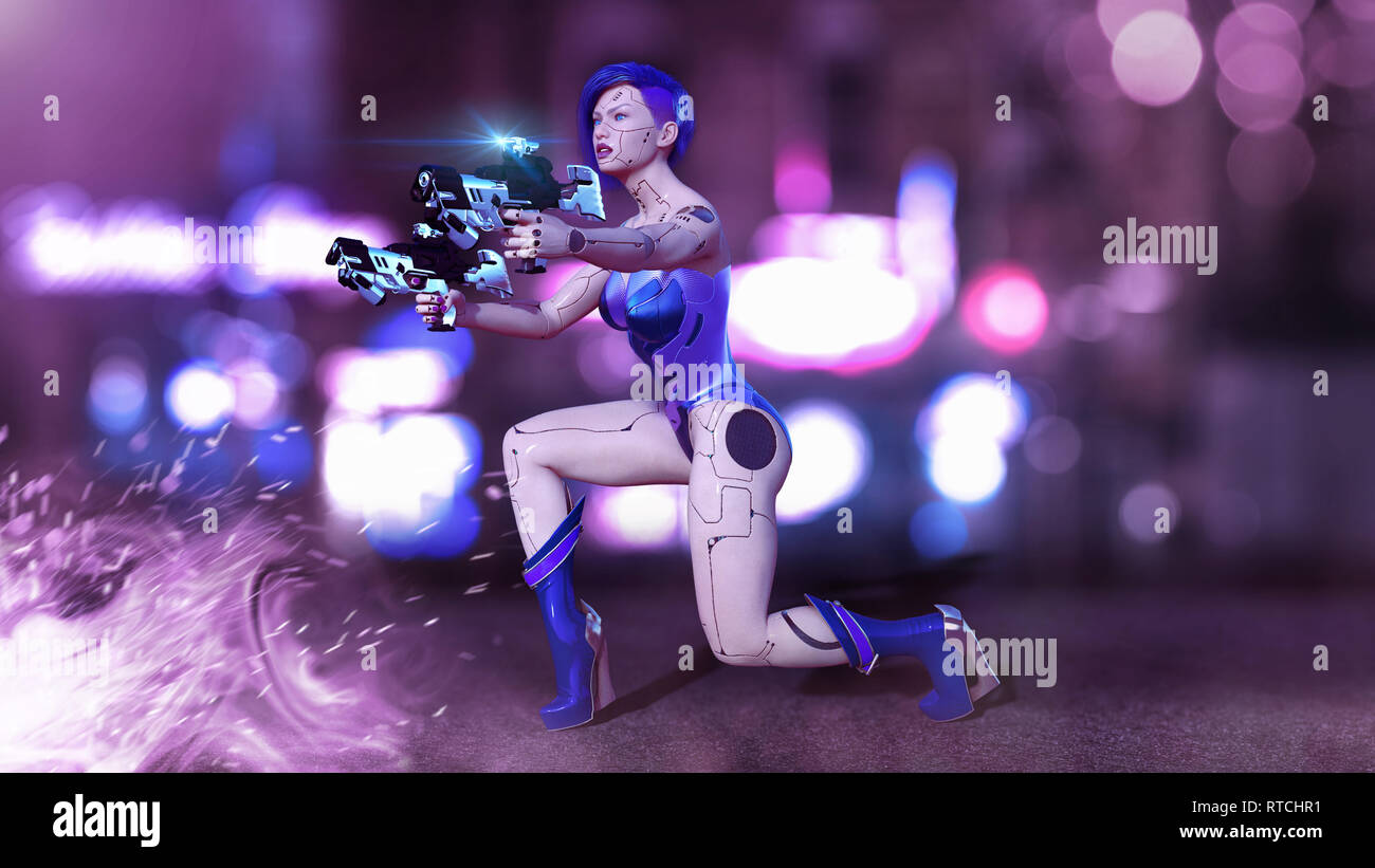 Cyborg Girl bewaffnet mit Gewehren kniend, weiblichen Kampf Roboter schießen, sci-fi android Frau in der Nacht city street, 3D-Rendering Stockfoto