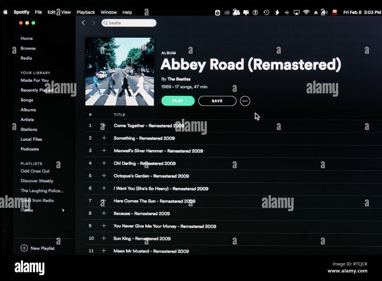 Die Beatles album Abbey Road Spotify Webseite Stockfoto